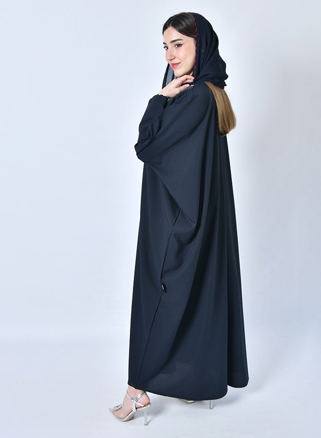 HAWRAA ABAYA Navy wrap abaya, half-bisht style, with hand embroidery and beadwork along both sides of the abaya - Image 3
